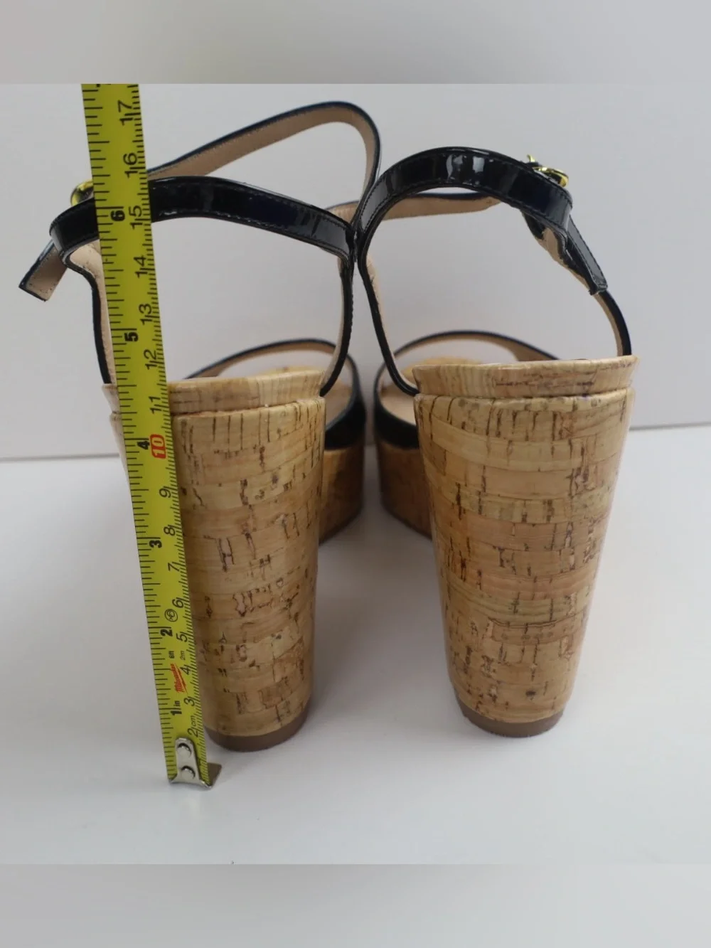 Stuart Weitzman Palmina Black Patent Leather Cork Wedge Sandal- 10- 0513